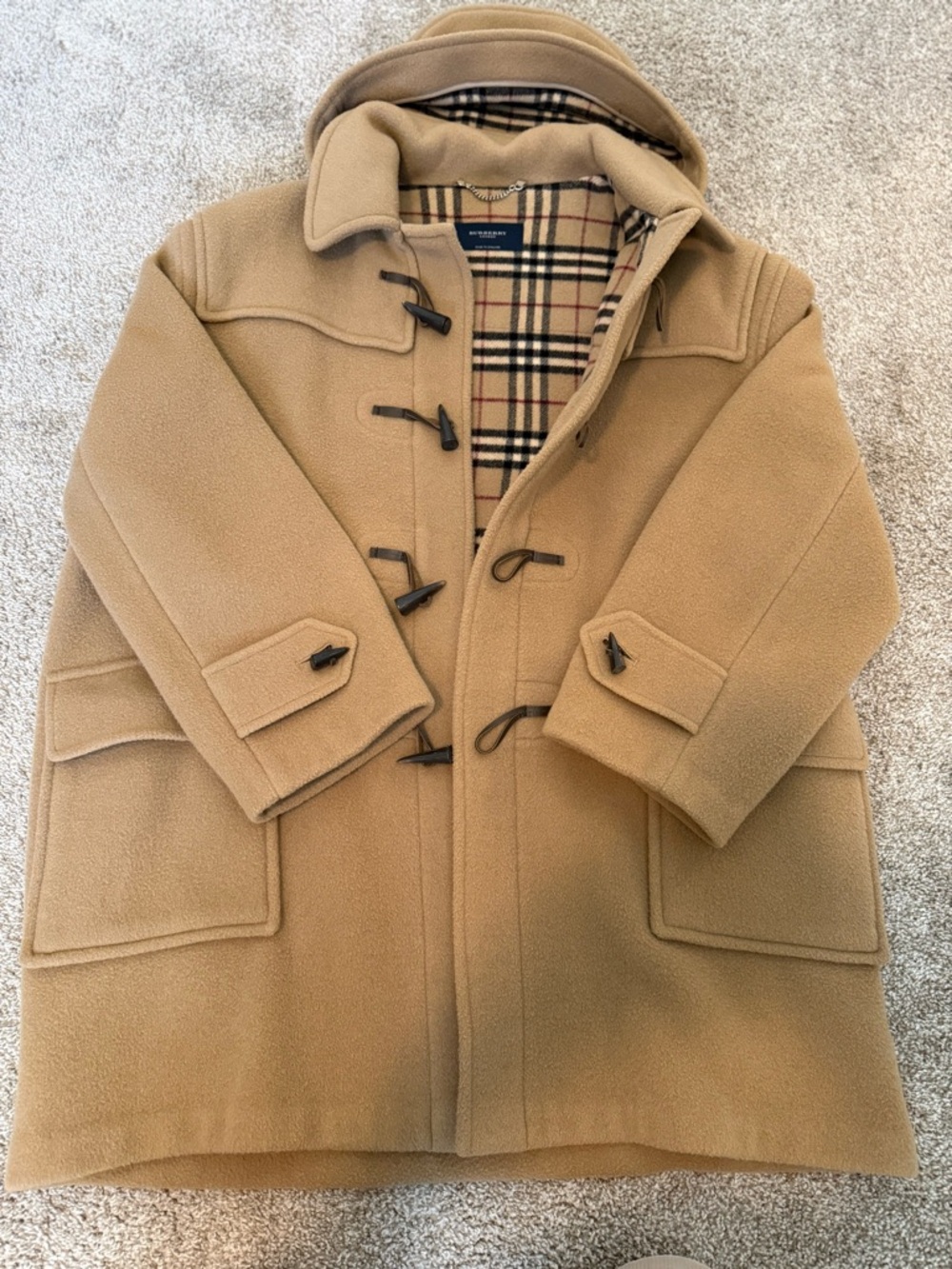 Burberry Camel Wool Pea Coat with Signature Check Lining - Picture 6 of 14